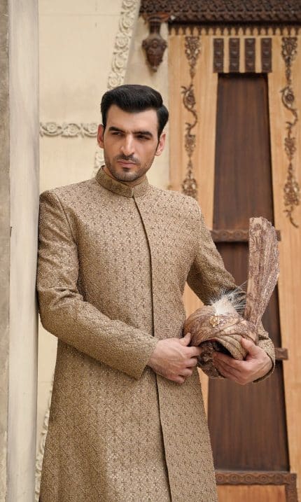 Beige groom sherwani with digital threadwork and hidden buttons