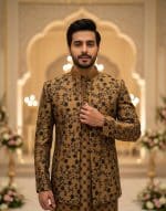 Brown prince coat for groom with digital threadwork embroidery