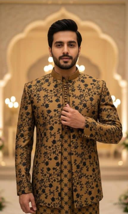 Brown prince coat for groom with digital threadwork embroidery