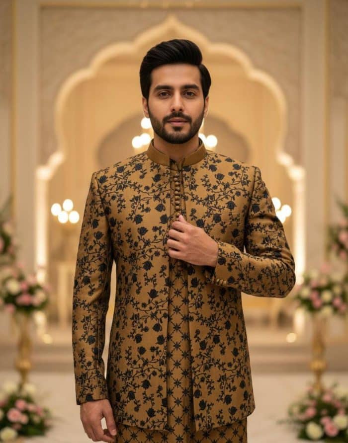 Brown prince coat for groom with digital threadwork embroidery