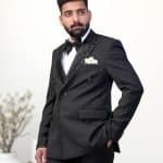 Black tropical designer suit for groom with handmade embroidery
