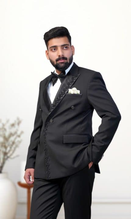 Black tropical designer suit for groom with handmade embroidery