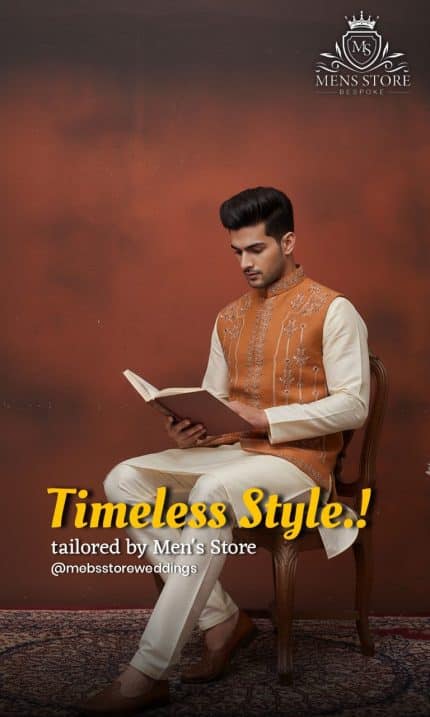 Rust raw silk waistcoat for men with handmade embroidery