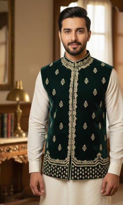 Bottle green velvet waistcoat for groom with handmade embroidery