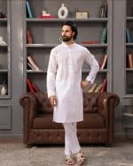 Designer white kurta for men with subtle embroidery