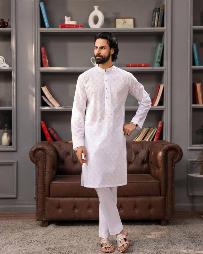 Designer white kurta for men with subtle embroidery