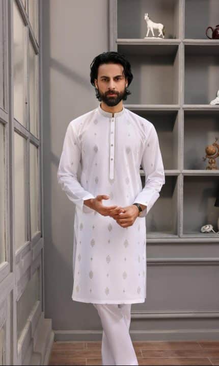 White designer kurta for men elegant festive outfit