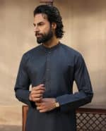 Dark embroidered kurta with band collar for men
