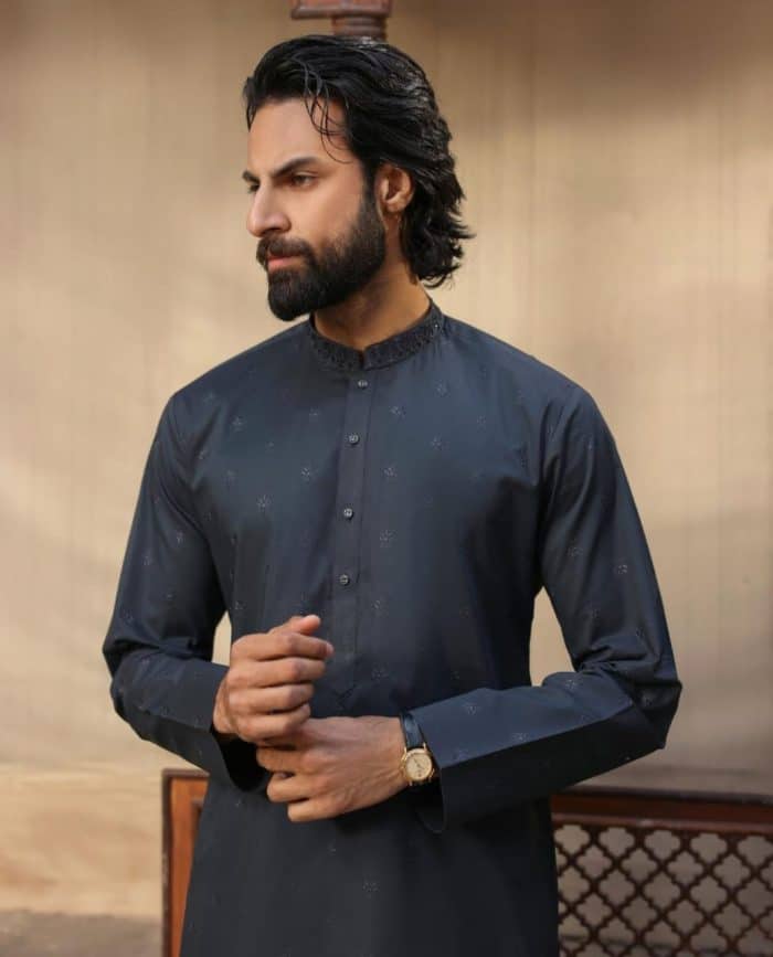 Dark embroidered kurta with band collar for men
