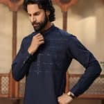 Dark blue embroidered kurta for men with band collar