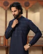 Dark blue embroidered kurta for men with band collar