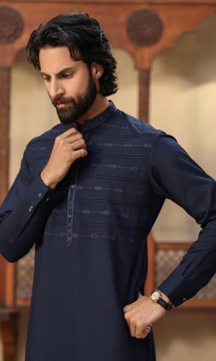 Dark blue embroidered kurta for men with band collar