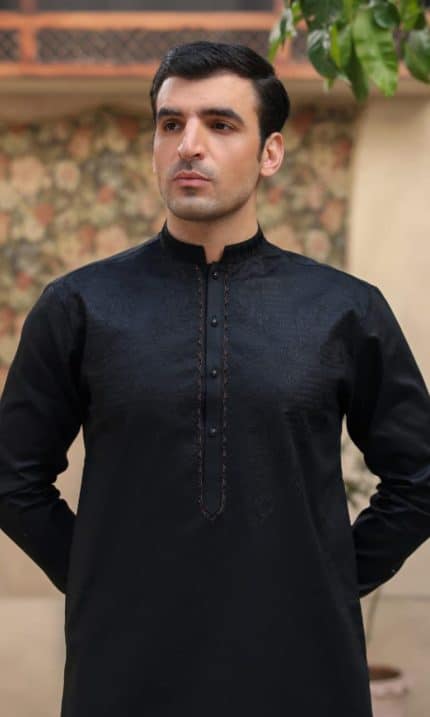 Traditional black kurta for men with subtle embroidery