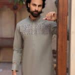 White designer kurta with silver yoke embroidery for men