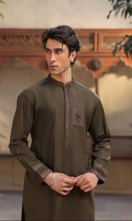 Olive green designer kurta for men with embroidered pocket and cuffs