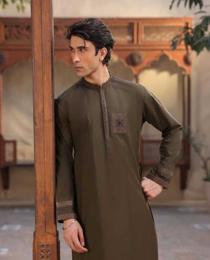 Men’s Olive Green Designer Kurta – Embroidered Pocket & Cuffs - Image 2