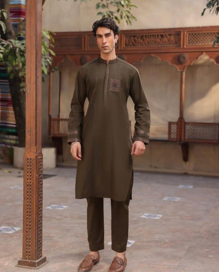 Men’s Olive Green Designer Kurta – Embroidered Pocket & Cuffs - Image 3