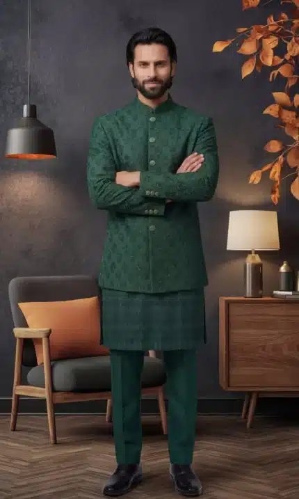 Bottle green prince coat with handmade embroidery for groom