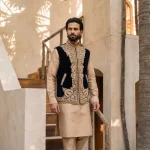 Blue velvet hand-embroidered waistcoat for men