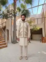 Ivory jamawar kurta with arri embroidery and hidden buttons