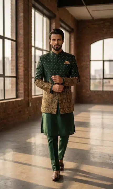 Crafted from premium jamawar fabric, this prince coat reflects timeless elegance with a modern touch. The rich texture is enhanced by intricate digital thread embroidery, beautifully detailed on the sleeves and lower panel, giving it a luxurious and regal appearance.