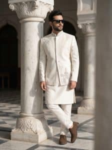 Elevate your festive look with this luxurious off-white Prince Coat crafted from premium tropical fabric.