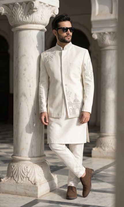 Elevate your festive look with this luxurious off-white Prince Coat crafted from premium tropical fabric.
