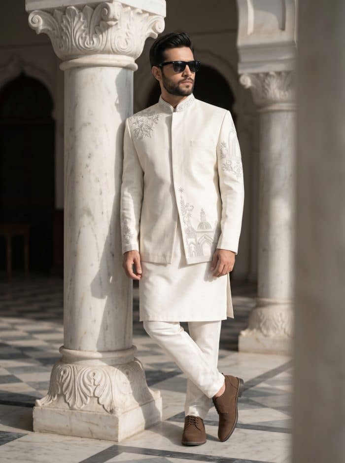 Royal Off-white Tropical Prince Coat – Handmade Embroidery Elegance Elevate your festive look with this luxurious off-white Prince Coat crafted from premium tropical fabric.