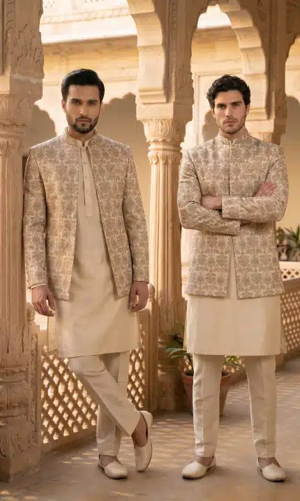 Step into timeless elegance with this premium Prince Coat crafted from luxurious silk-based fabric and enhanced with intricate digital thread embroidery.