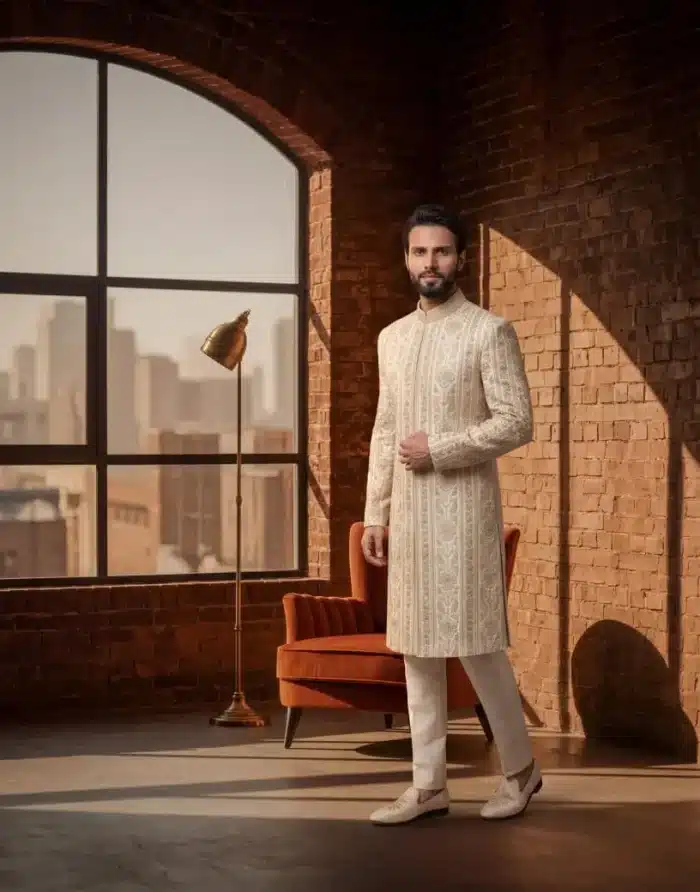 side view of ivory silk sherwani for groom