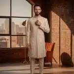Tailored from a premium silk-blend fabric, this sherwani delivers a smooth, rich texture with a refined finish.