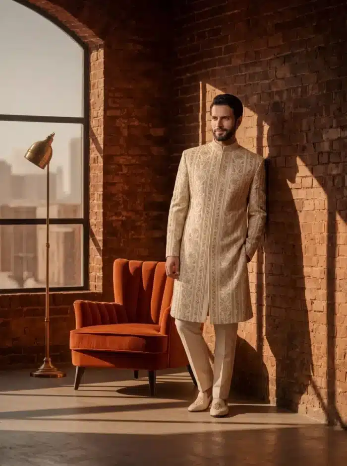 Close‑up: Close-up of resham embroidery on ivory silk sherwani sleeve