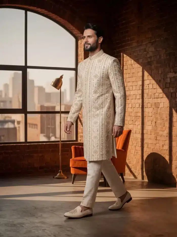 Side view of ivory silk sherwani with resham embroidery and metal buttons