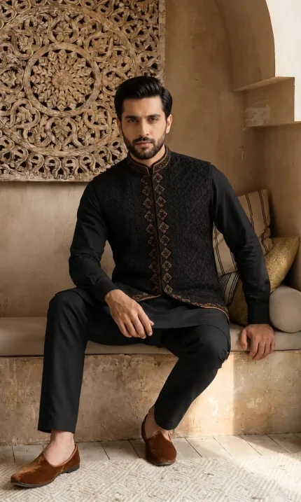 Elevate your traditional wardrobe with this luxurious black embroidered waistcoat set, designed for men who appreciate timeless eastern fashion with a modern touch.