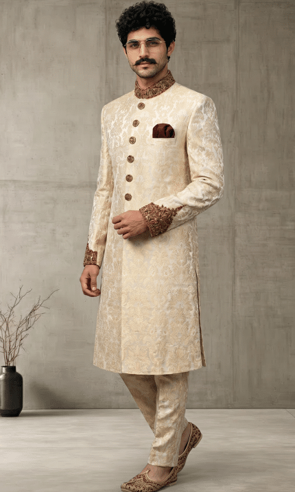 Elevate your wedding and festive look with this Luxury IvoryJamawar Sherwani, crafted from premium Jamawar fabric featuring an elegant woven pattern.
