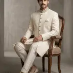 Elevate your wedding style with this luxurious ivory silk-based sherwani, designed with exquisite digital thread work embroidery.