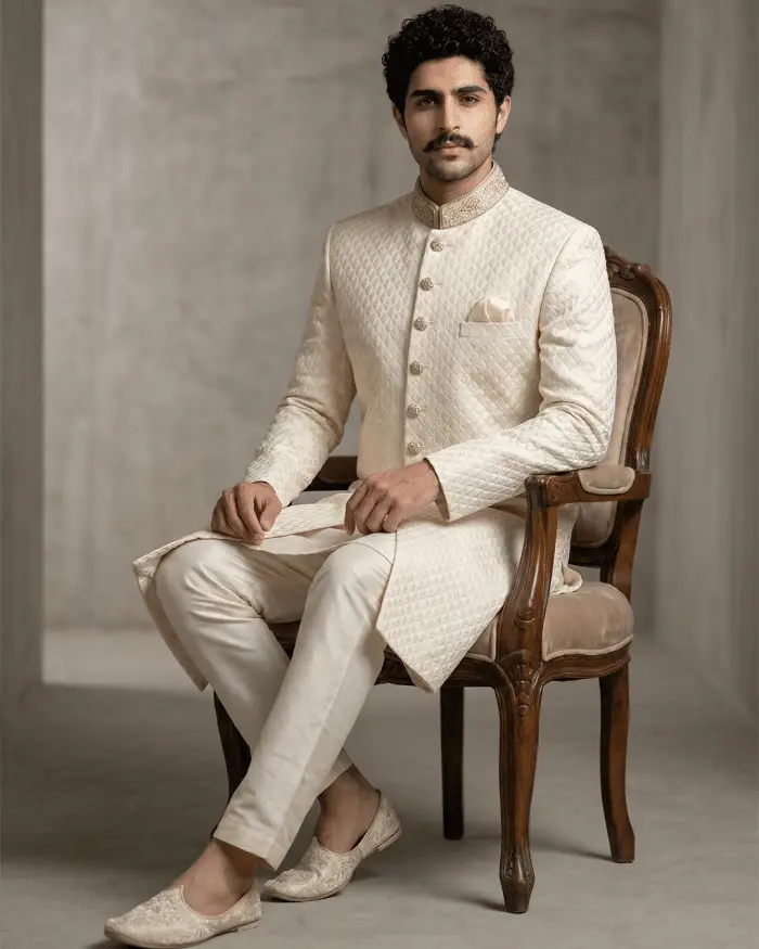 Luxury Ivory Silk Sherwani with Digital Thread Work Embroidery Elevate your wedding style with this luxurious ivory silk-based sherwani, designed with exquisite digital thread work embroidery.
