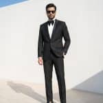 Make a bold statement with this luxury black designer suit, crafted from premium light wool fabric for superior comfort and sophistication.