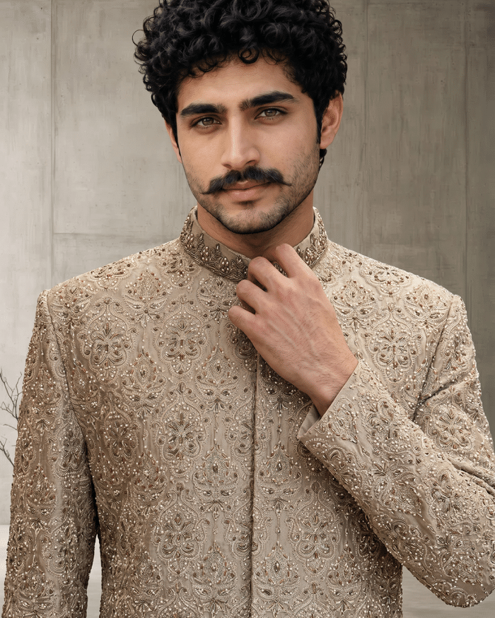 Luxury Beige Silk Sherwani with Handcrafted Zardozi Embroidery(S-29) - Image 2