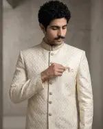 Luxury Ivory Silk Sherwani with Digital Thread Work Embroidery (S-30) - Image 2