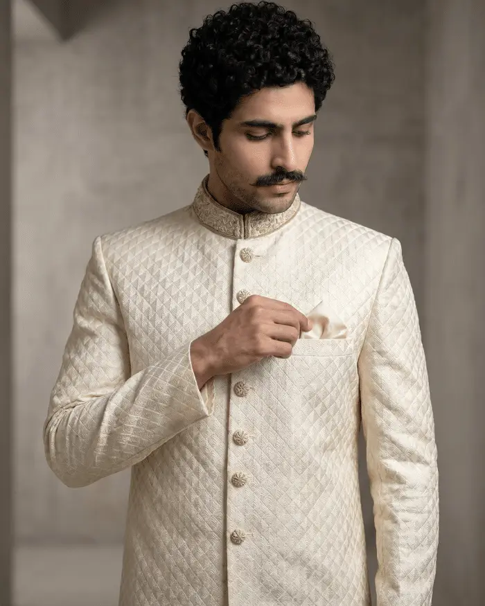Luxury Ivory Silk Sherwani with Digital Thread Work Embroidery (S-30) - Image 2