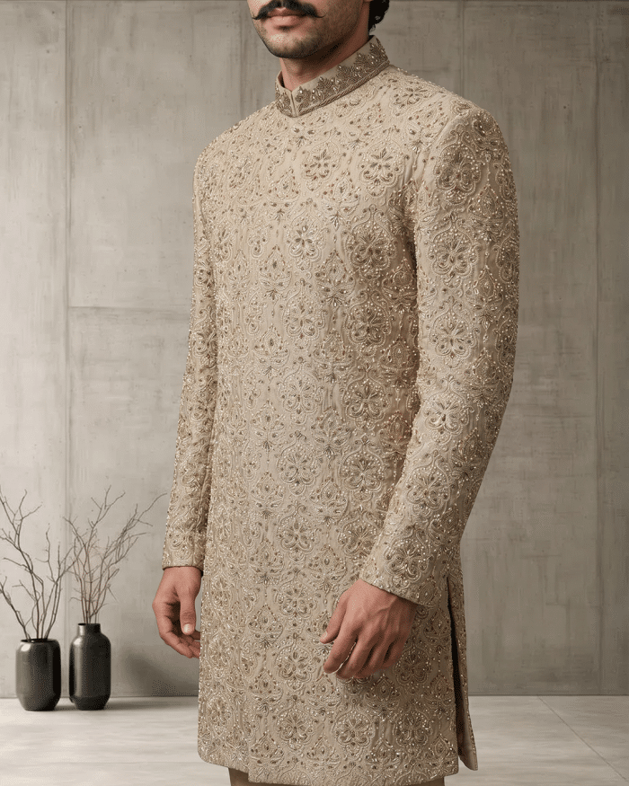 Luxury Beige Silk Sherwani with Handcrafted Zardozi Embroidery(S-29) - Image 3