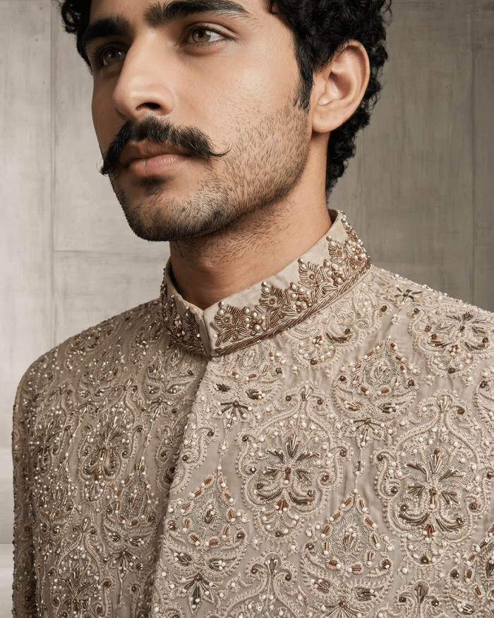 Luxury Beige Silk Sherwani with Handcrafted Zardozi Embroidery(S-29) - Image 4