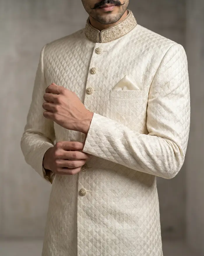 Luxury Ivory Silk Sherwani with Digital Thread Work Embroidery (S-30) - Image 4