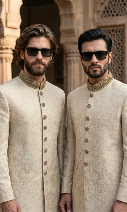 Step into timeless elegance with our Fabric Jamawar Embroidery Handmade Sherwani, crafted for grooms and gentlemen who appreciate luxury and tradition.