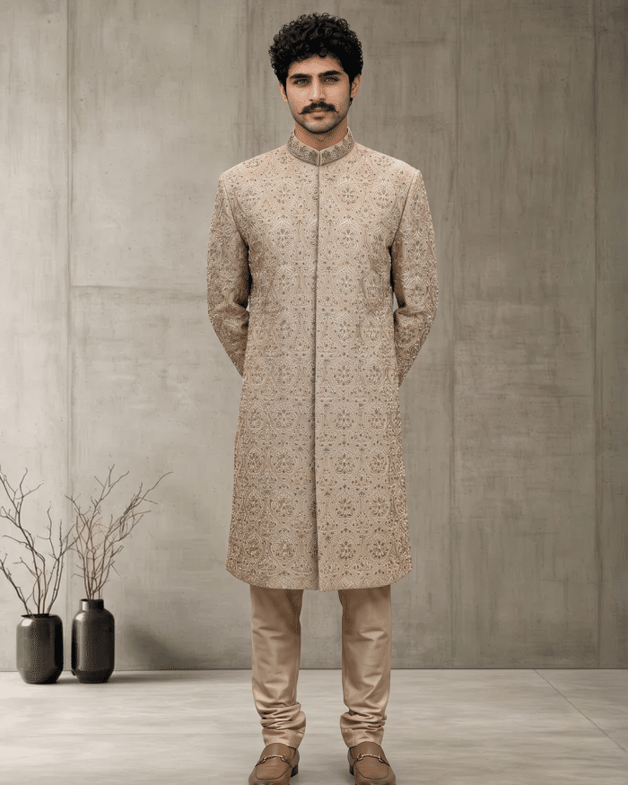 Luxury Beige Silk Sherwani with Handcrafted Zardozi Embroidery(S-29) - Image 5