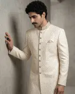 Luxury Ivory Silk Sherwani with Digital Thread Work Embroidery (S-30) - Image 6