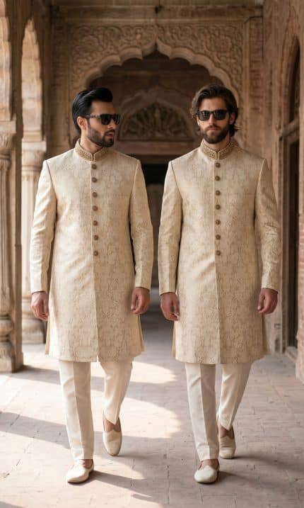 Step into timeless elegance with our Fabric Jamawar Embroidery Handmade Sherwani, crafted for grooms and gentlemen who appreciate luxury and tradition.