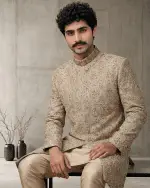 Luxury Beige Silk Sherwani with Handcrafted Zardozi Embroidery(S-29) - Image 6