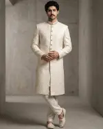 Luxury Ivory Silk Sherwani with Digital Thread Work Embroidery (S-30) - Image 7